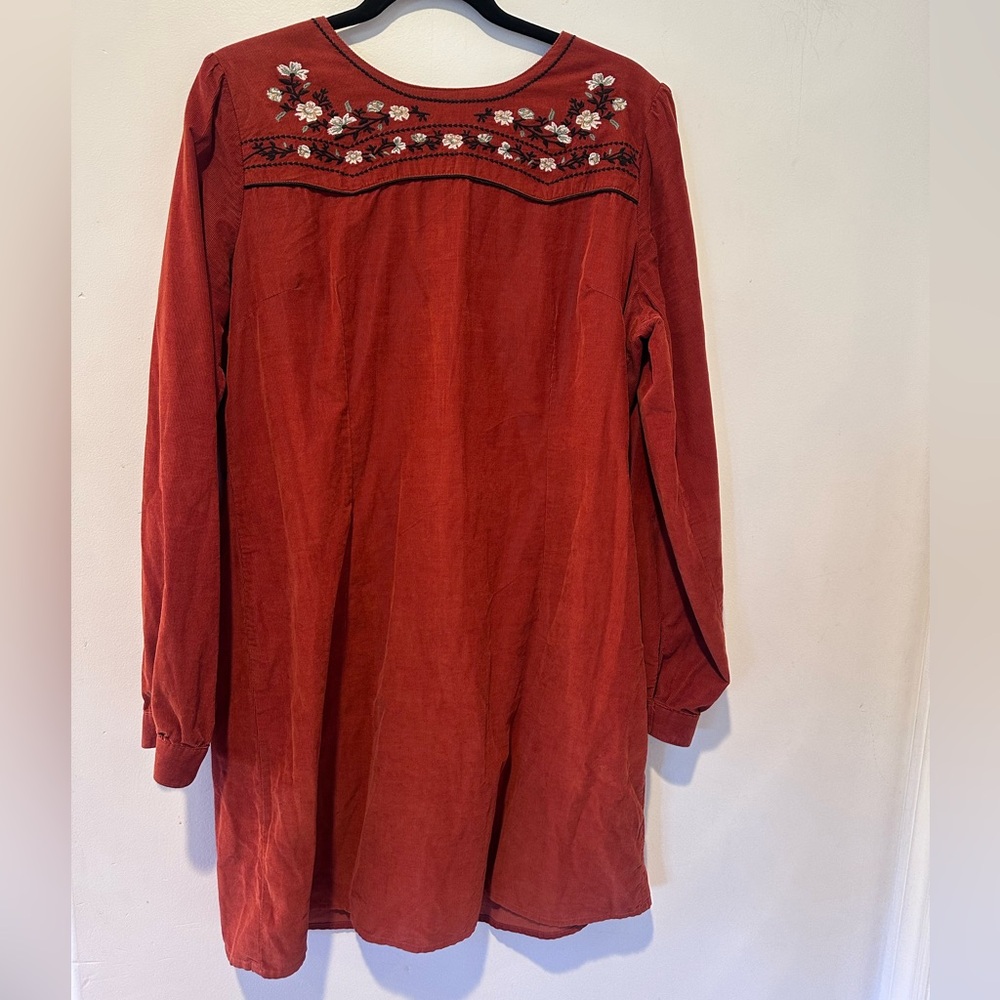 Wrangler Rust Red Long-Sleeve Embroidered Corduroy Dress